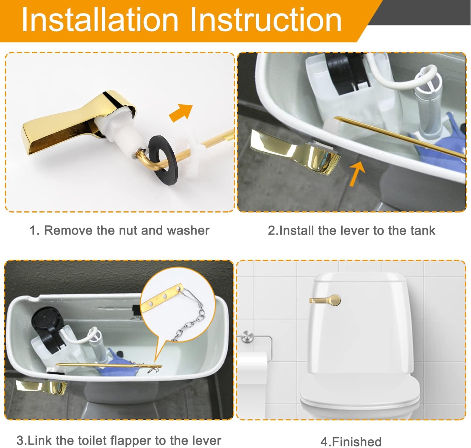 Hibbent 2-Pack Front Mount Toilet Flush Lever Set with 2-Piece Stainless Steel Flapper Chains Shiny Gold Finish