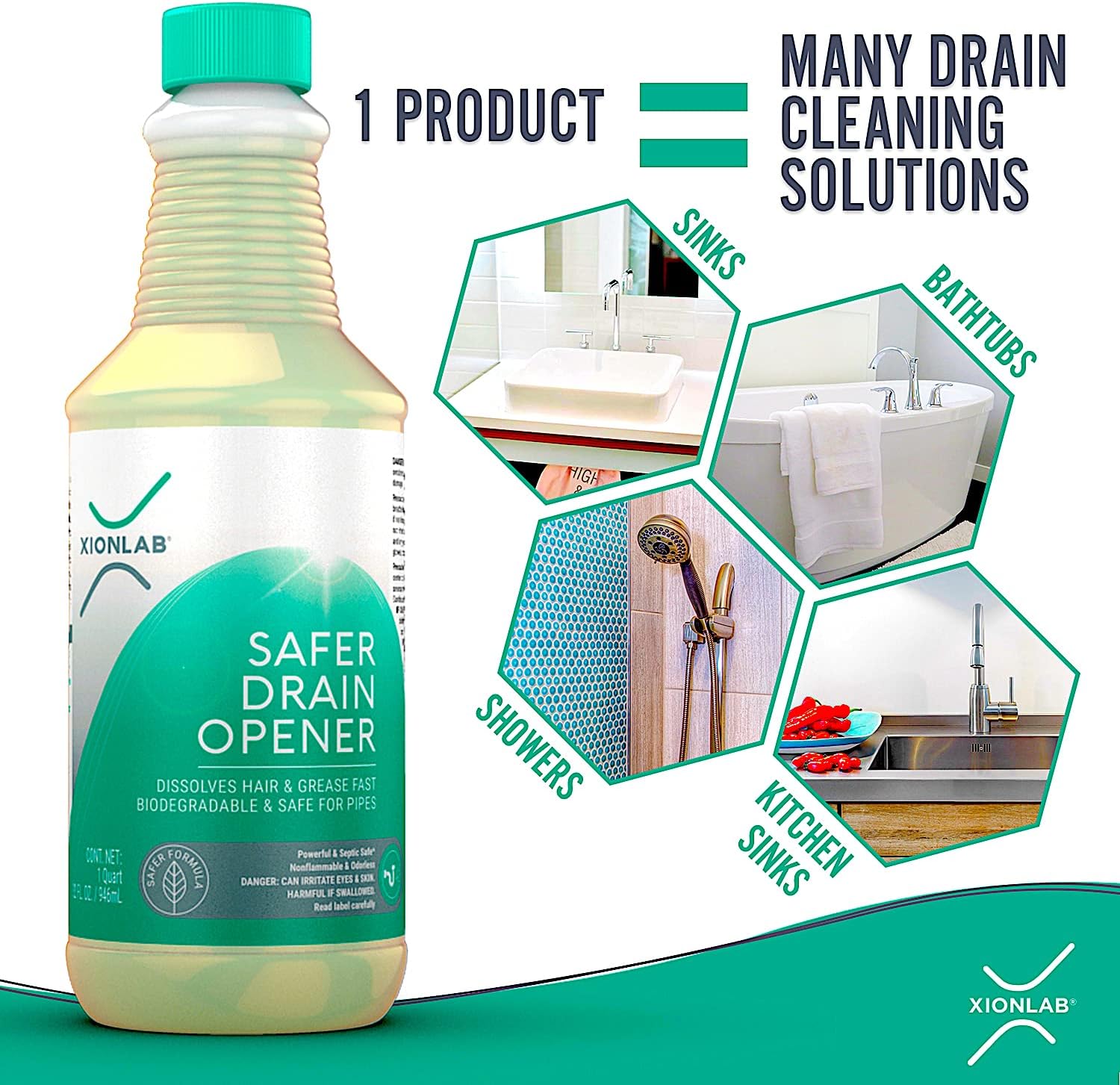 XionLab Safer Greener Drain Clog Remover - Effective for Hair Grease - Septic Safe Odorless Biodegradable 32 oz