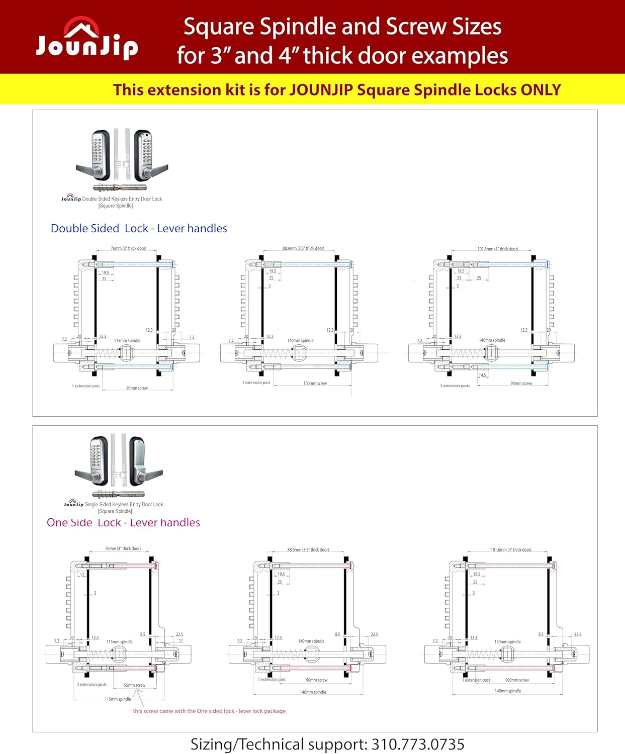 JOUNJIP Square Spindle Thick Door Extension Kit Perfect Fit for JOUNJIP Square Spindle Mechanic Locks