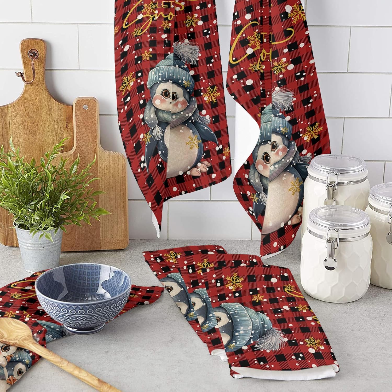 ZOE GARDEN Christmas Plaid Dish Towel Set Penguins Golden Snowflakes Red 18x28 1-PC