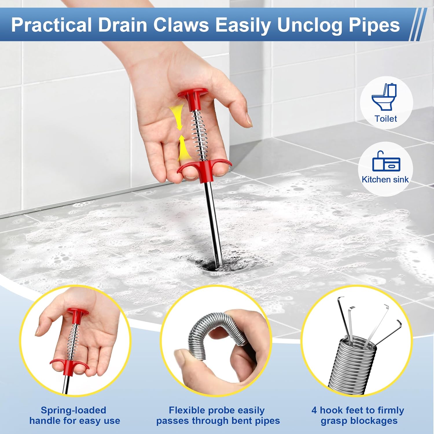 Kellys Collection Drain Clog Remover Set 10-Piece Includes 30 Steel Clog Remover 355 Steel Snake 4-PC 59 Cleaning Brush