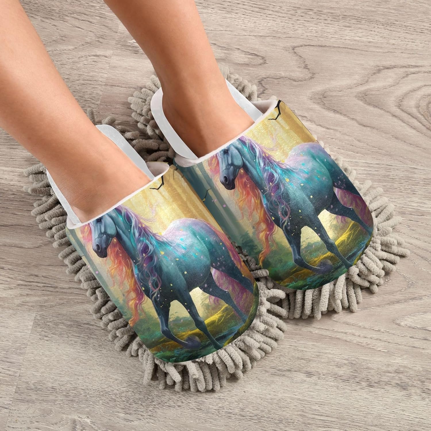 White Unicorn Watercolor Mop Slippers - Cozy Functional