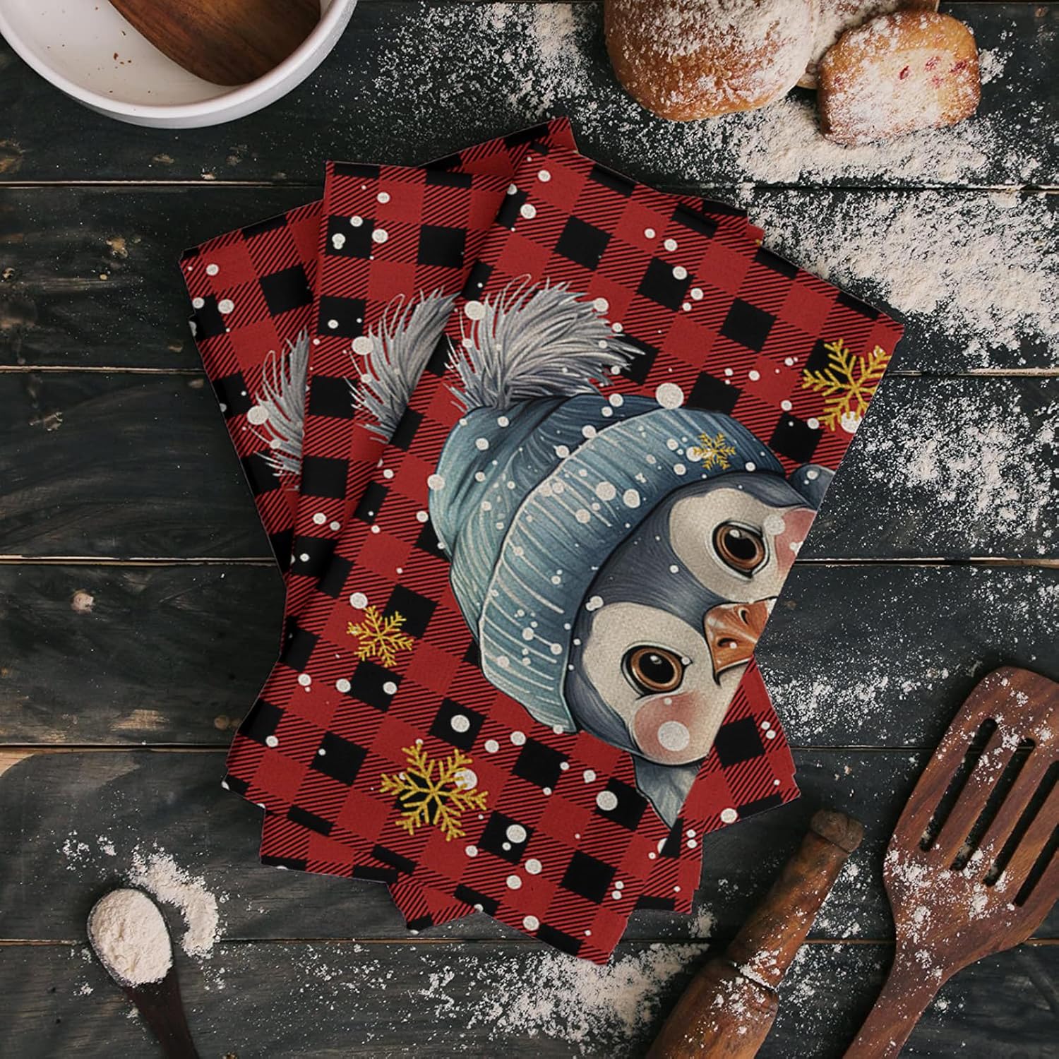 ZOE GARDEN Christmas Plaid Dish Towel Set Penguins Golden Snowflakes Red 18x28 1-PC