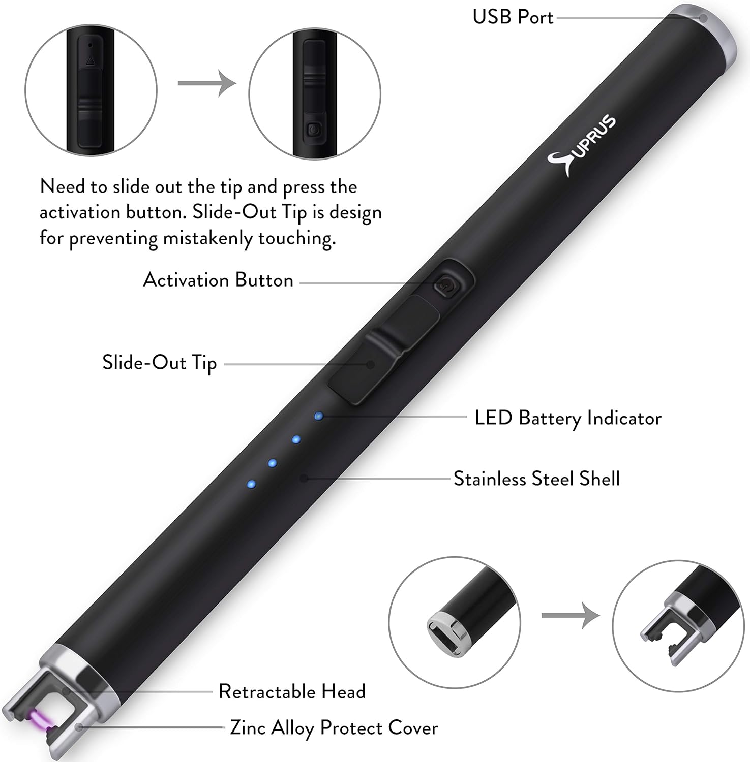 SUPRUS USB Type C Rechargeable Flameless Lighter with LED Battery Display