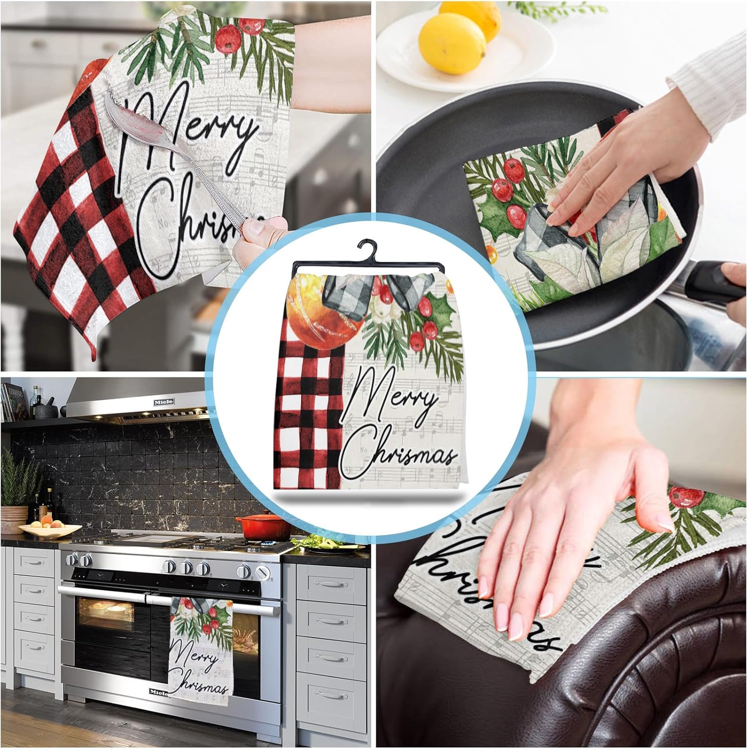 festive Christmas Kitchen Towels - Red Flower Pine Buffalo Plaid - Quick-Dry Microfiber Sets 4-Piece 18x28