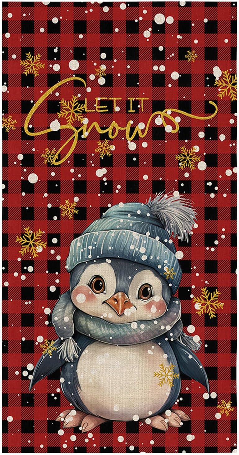 ZOE GARDEN Christmas Plaid Dish Towel Set Penguins Golden Snowflakes Red 18x28 1-PC