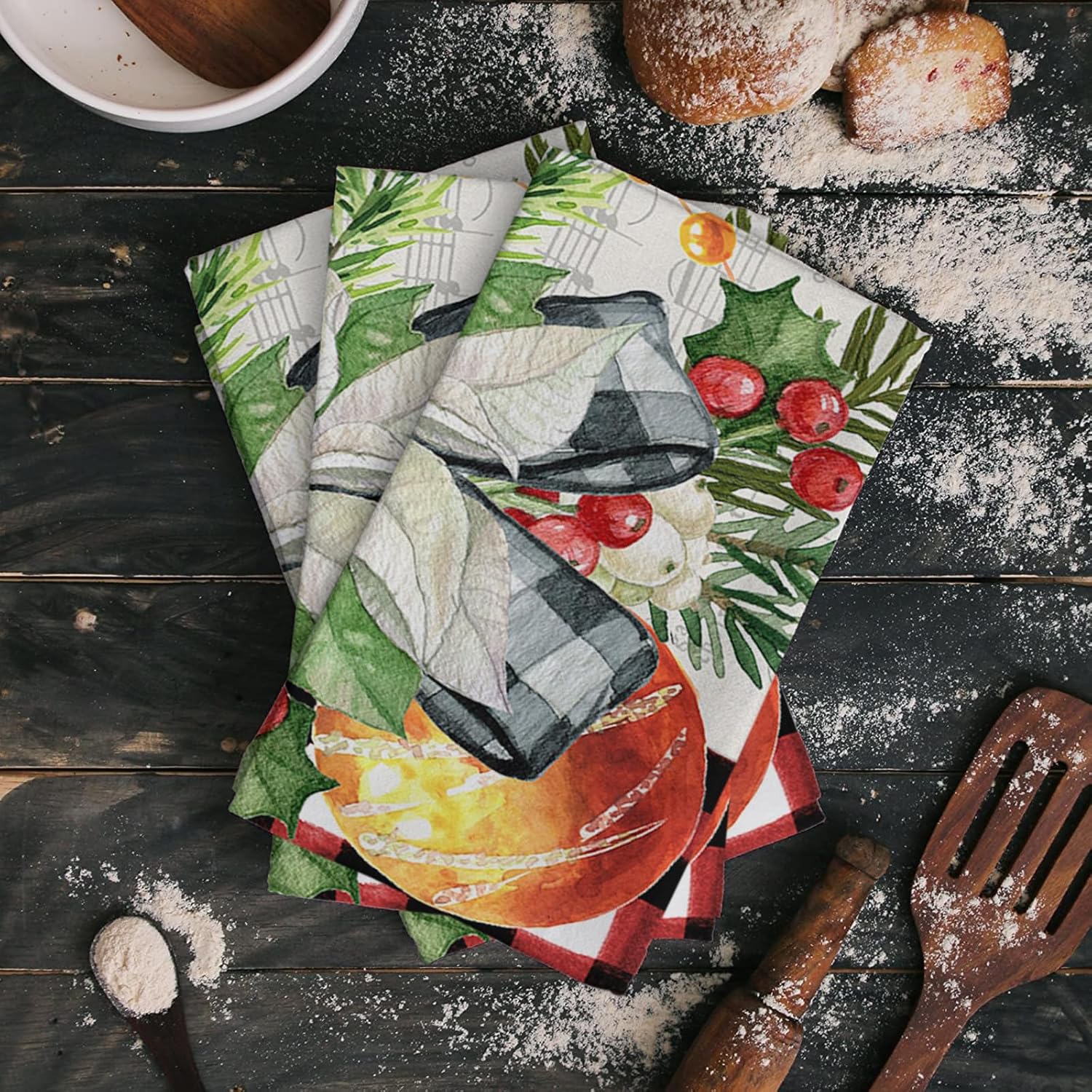 festive Christmas Kitchen Towels - Red Flower Pine Buffalo Plaid - Quick-Dry Microfiber Sets 4-Piece 18x28