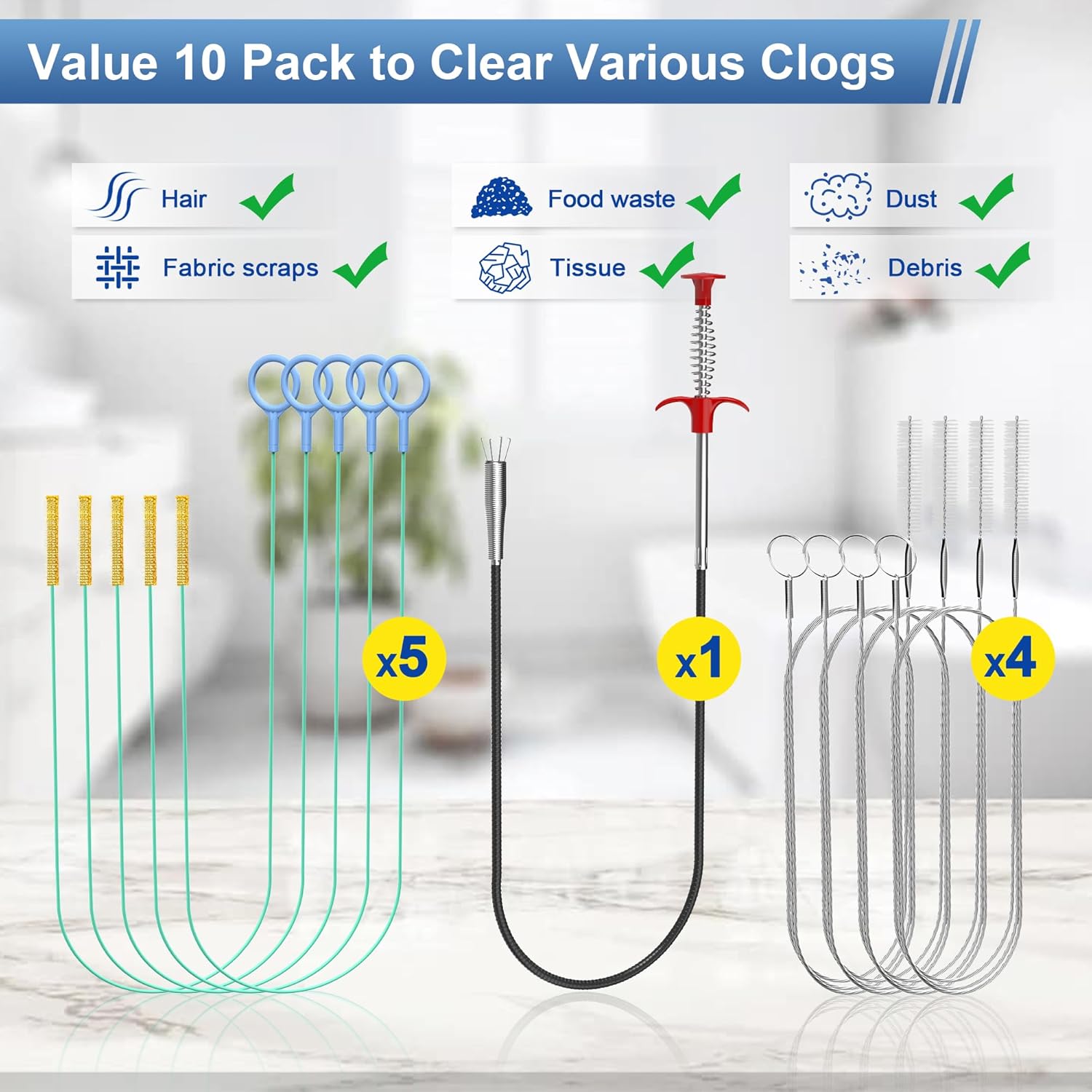 Kellys Collection Drain Clog Remover Set 10-Piece Includes 30 Steel Clog Remover 355 Steel Snake 4-PC 59 Cleaning Brush